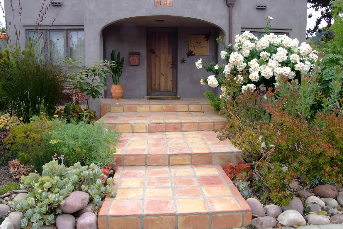 Tiled Entry Flanked by Suculents